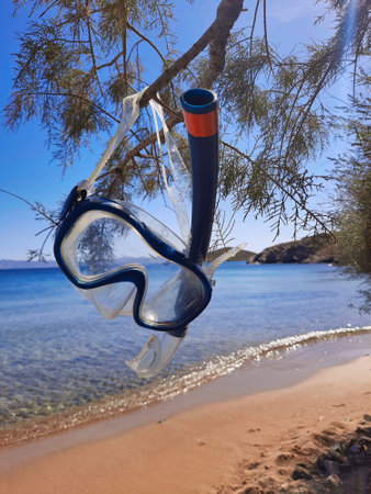 snorkeling mask on the beachの写真素材