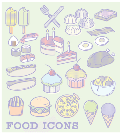 Food Icons in a pastel colour scheme, with halftone dot patterns.のイラスト素材