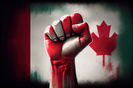 A raised fist of a protesters painted with the canada flag. Generative Aiの素材