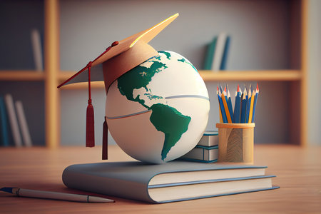 Graduation cap with Earth globe. Concept of global business study. Generative Aiの素材