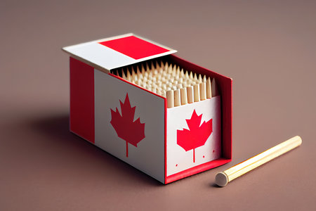 Canada flag is shown on an open matchbox, from which several matches fall and lies on a large flag. Generative Aiの素材