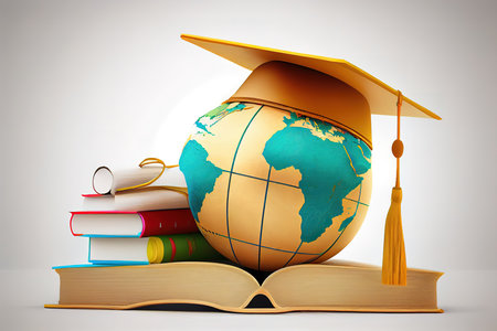 Graduation cap with Earth globe. Concept of global business study. Generative Aiの素材