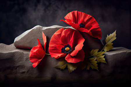 World War remembrance day. Red poppy is symbol of remembrance to those fallen in war. Red paper poppies on dark stone background. Generative Aiの素材