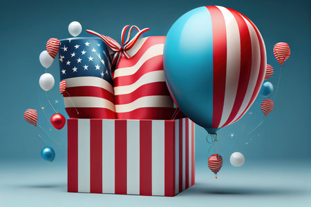 4th of july usa independence day labor day and memorial day banner design of american flag and balloon with gift box 3d render. Generative Aiの素材