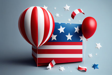 4th of july usa independence day labor day and memorial day banner design of american flag and balloon with gift box 3d render. Generative Aiの素材