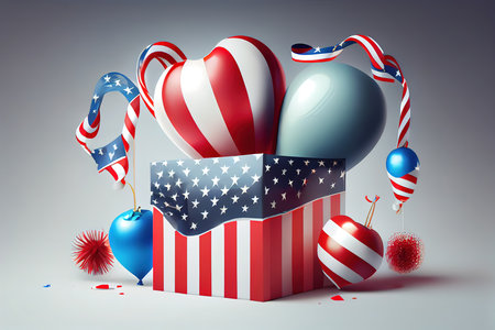 4th of july usa independence day labor day and memorial day banner design of american flag and balloon with gift box 3d render. Generative Aiの素材