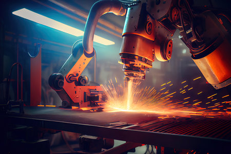 Automated industrial robots welding metal. Generative Aiの素材