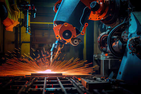 Automated industrial robots welding metal. Generative Aiの素材