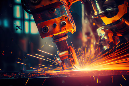 Automated industrial robots welding metal. Generative Aiの素材