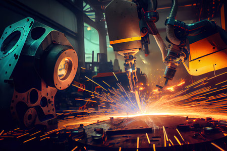 Automated industrial robots welding metal. Generative Aiの素材