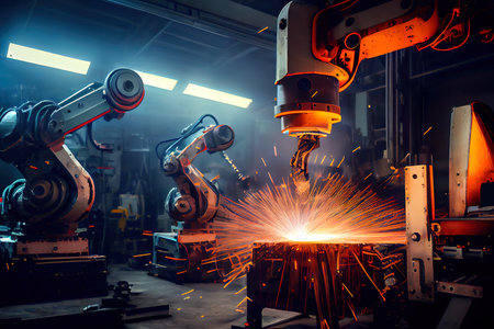 Automated industrial robots welding metal. Generative Aiの素材
