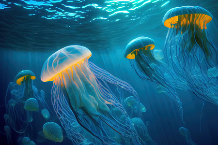 Jellyfishes Swimming In Sea. Generative Aiの素材