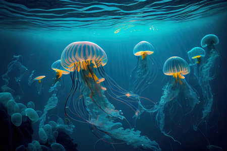 Jellyfishes Swimming In Sea. Generative Aiの素材