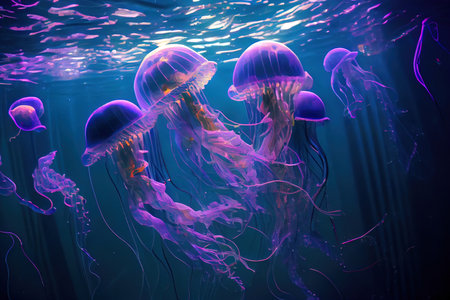 Jellyfishes Swimming In Sea. Generative Aiの素材