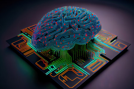 3D illustration of brain on circuit board. Generative Aiの素材