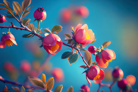 Beautiful spring border, blooming rose bush on a blue background. Generative Aiの素材