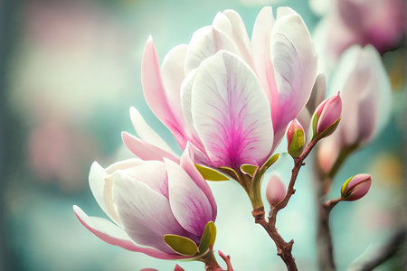 Closeup of blooming magnolia tree in spring on pastel bokeh background. Generative Aiの素材
