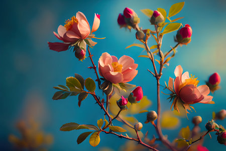 Beautiful spring border, blooming rose bush on a blue background. Generative Aiの素材