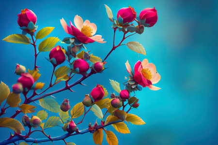 Beautiful spring border, blooming rose bush on a blue background. Generative Aiの素材