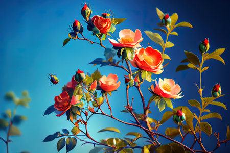 Beautiful spring border, blooming rose bush on a blue background. Generative Aiの素材