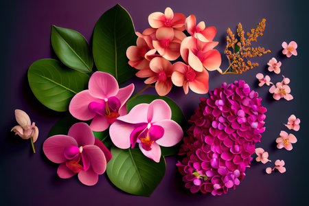 Flat lay pink orchids and hydrangea. Generative Aiの素材