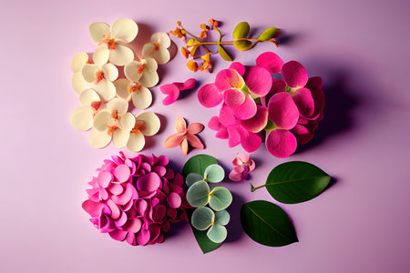 Flat lay pink orchids and hydrangea. Generative Aiの素材