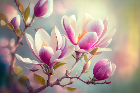Closeup of blooming magnolia tree in spring on pastel bokeh background. Generative Aiの素材