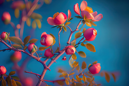 Beautiful spring border, blooming rose bush on a blue background. Generative Aiの素材