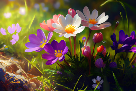 Springtime. Spring Flowers in Sunlight. Generative Aiの素材