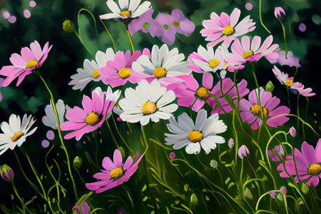 Meadow with lots of white and pink spring daisy flowers. Generative Aiの素材