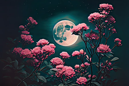 Romantic night scene, beautiful pink flower blossom in night skies with full moon. Generative Aiの素材
