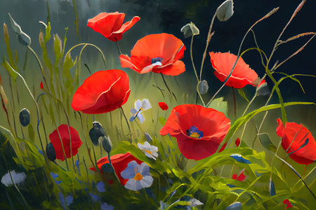 summer meadow with red poppies, nice color. Generative Aiの素材