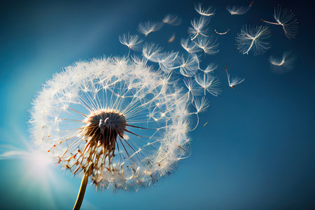 Flying Dandelion seeds in the morning sunlight blowing away in the wind across a blue sky. Generative Aiの素材