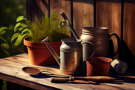 Outdoor gardening tools on old wood table. Generative Aiの素材