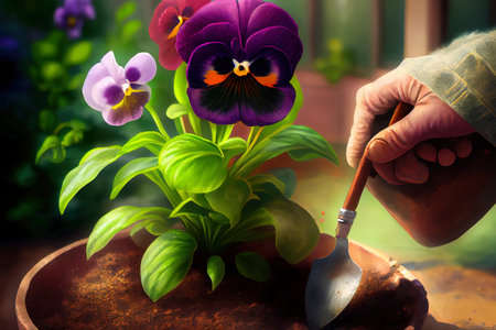 Gardening - Planting A Pansy In Sunny Garden. Generative Aiの素材