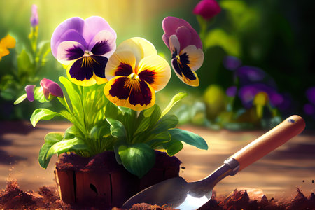 Gardening - Planting A Pansy In Sunny Garden. Generative Aiの素材