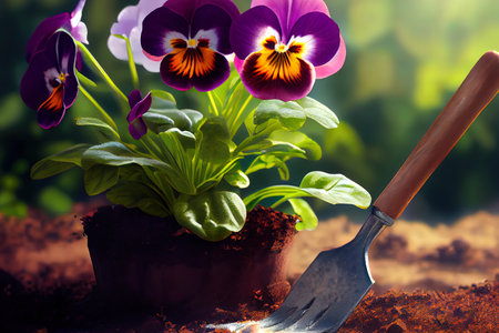 Gardening - Planting A Pansy In Sunny Garden. Generative Aiの素材