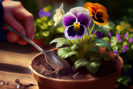 Gardening - Planting A Pansy In Sunny Garden. Generative Aiの素材