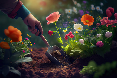grey-haired man working with plants in pot in greenhouse. Generative Aiの素材