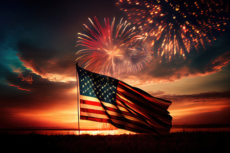 American Celebration - Usa Flag And Fireworks At Sunset. Generative Aiの素材