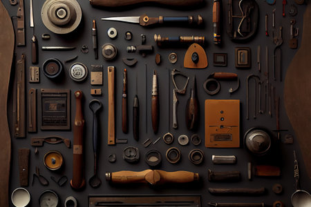vintage tools set on dark brown wooden background and empty notepad. Generative Aiの素材