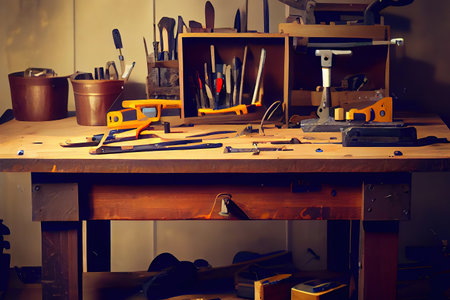Wooden workbench at workshop. Generative Aiの素材