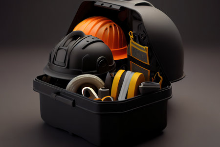 Safety Helmet With Tools In The Black Container. Generative Aiの素材