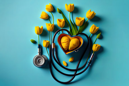 Yellow tulips and stethoscope on blue background. Generative Aiの素材