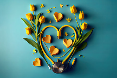Bunch of yellow tulips, mimosa branch and stethoscope on pink background. Generative Aiの素材