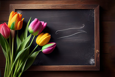 A chalkboard with school supplies and tulip flowers on a rustic wooden table. Copy space for text. Generative Aiの素材