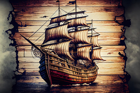 An old ship with large sails against the backdrop of a beautiful. Generative Aiの素材