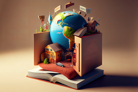 Education composition with a globe, a stack of books and school supplies on a green background. Generative Aiの素材