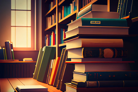 Old classic library with books on table. Generative Aiの素材