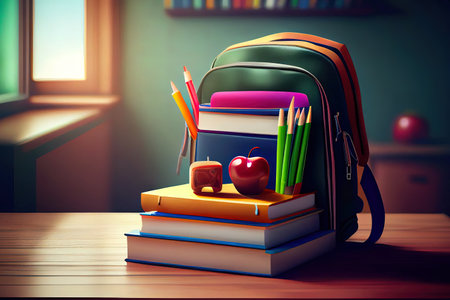 Textbooks, globe and pencils on a wooden background. Educational background. Generative Aiの素材